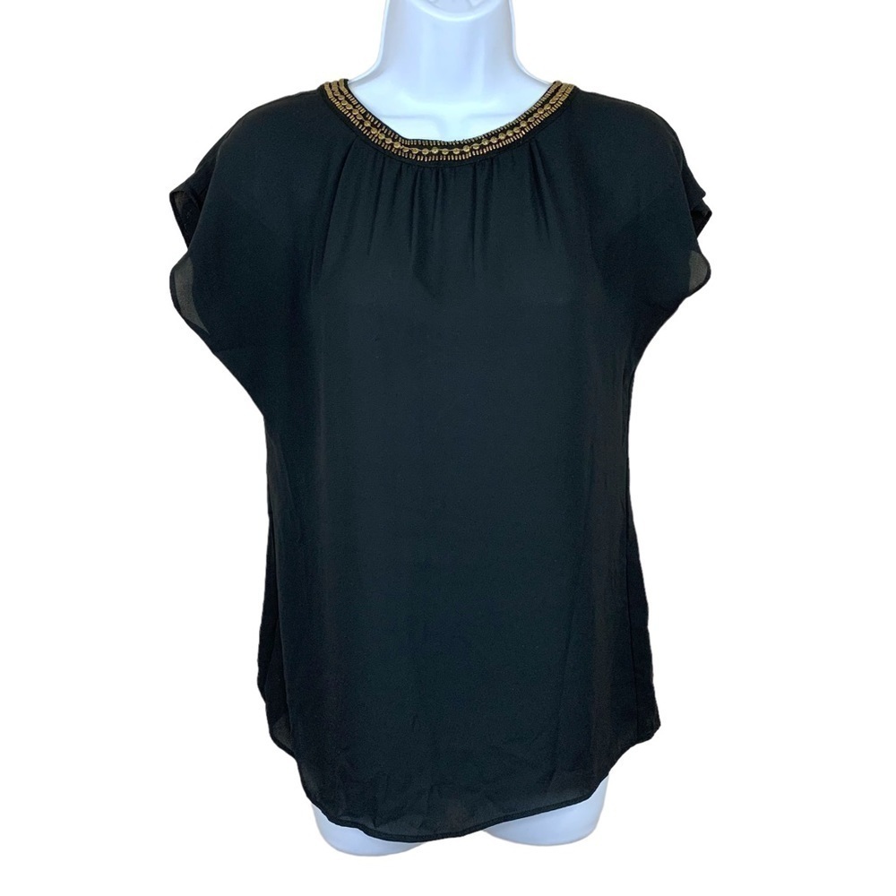 XS Ann Taylor LOFT Black Semi Sheer Bronze Beaded Neckline Cap Sleeve 0 2